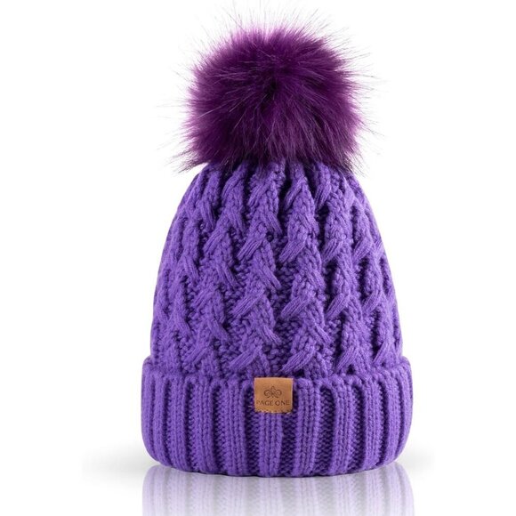 Women’s Light Purple Winter Ribbed Beanie Hat Chunky Cable Knit Pompom Warm main image 5